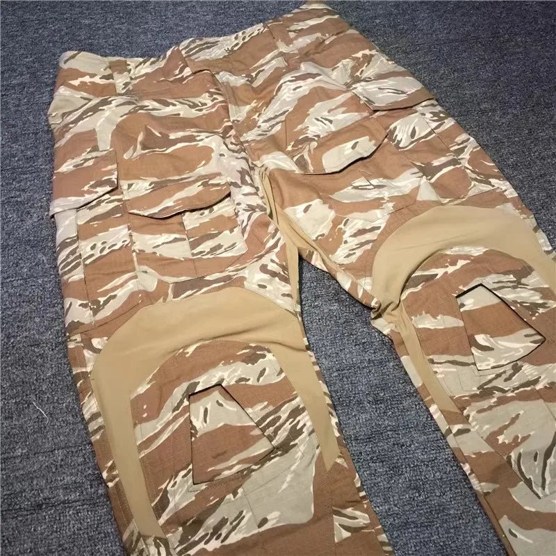 Camouflage pants on a textured surface