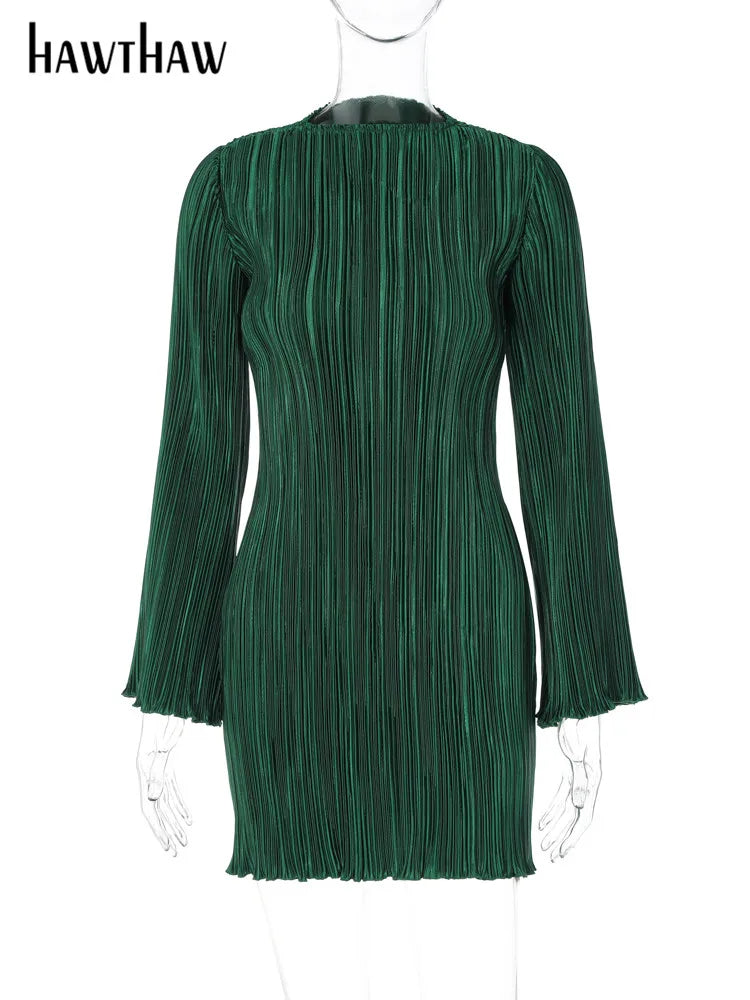 Women's Elegant Long Sleeve Bodycon Green Fall/Spring Mini Dress Business Wear