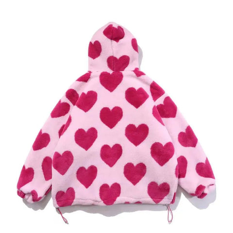 Faux Fur Jacket Women Pink Red Hearts Fleece Plush Hooded Cotton Padded Warm Winter Coat