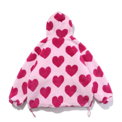 Women's Faux Fur Jacket Pink Red Hearts Fleece Plush Hooded Jacket Cotton Padded Coat