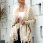 Faux Fur Collar Winter Shawls And Wraps Boho Women's Winter Shawls Cardigan Sweater Fringe Oversized Ponchos