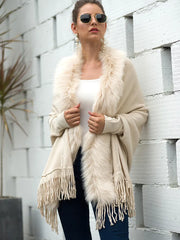 Faux Fur Collar Winter Shawls And Wraps Boho Women's Winter Shawls Cardigan Sweater Fringe Oversized Ponchos