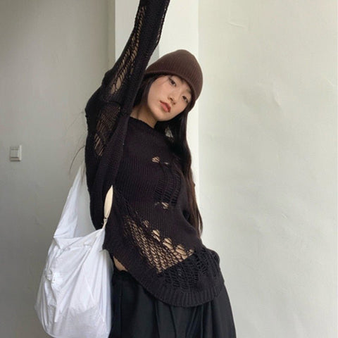 Gothic Hollow Out Knitted Sweater Women Pullover Casual Streetwear Grunge Fashion Top