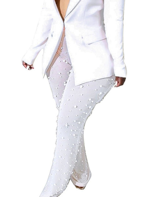 High Waist Mesh Beaded Tulle Flare Leggings Women Sheer Elastic Casual Party Fashion Trousers
