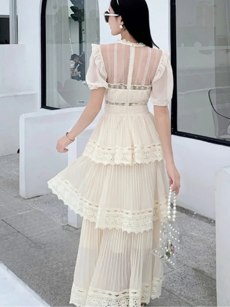 Women's Lace Long Dress High Quality 3 Tier Ruffles Boutique Design Short Sleeve Lace Patchwork Dress