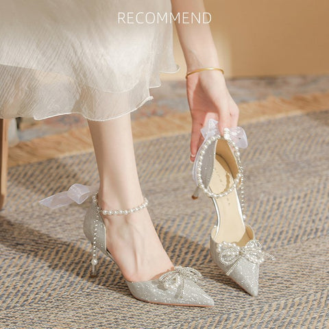 Bridal Wedding Pumps Women Crystal Bowknot Satin High Heel Sandals Cinderella Elegant Fashion