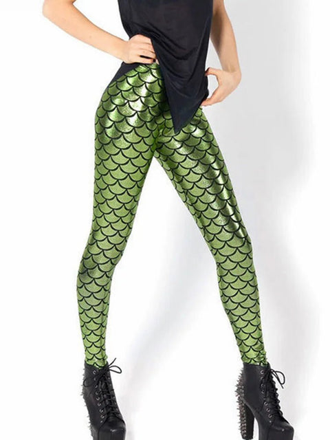Leggings Women Mermaid Fish Scale Print Push Up Stretch Shiny Streetwear Casual Fashion Pants