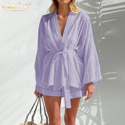 Long Sleeve Top & Shorts Set Women Elegant 2-Piece Casual White Home Suit Fashion Outfit