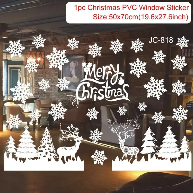 Christmas-themed window sticker set with snowflakes, reindeer, and trees on a window.