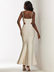 New Fashion Sexy Evening Dress Beading Cut Out Diamonds Beige Long Maxi Bandage Dress Elegant Evening Wedding Party Prom Dress