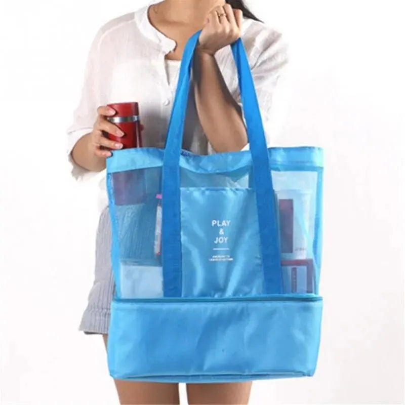 Large Mesh Beach Travel Tote Bag with Insulated Cooler Compartment Insulated Double Layer Picnic Ice Bag