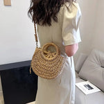 Handwoven Straw Purse Rattan Half-Moon Beach Handbag Large Capacity Women Summer Hollow Out Crossbody Shoulder Bag