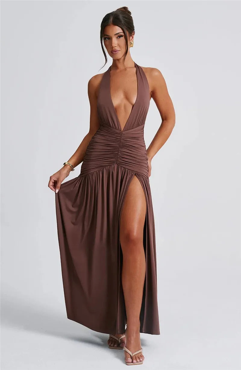 Elegant Halter Maxi Dress with High Slit in Deep Burgundy Black & White Colors