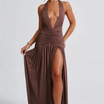 Elegant Halter Maxi Dress with High Slit in Deep Burgundy Black & White Colors