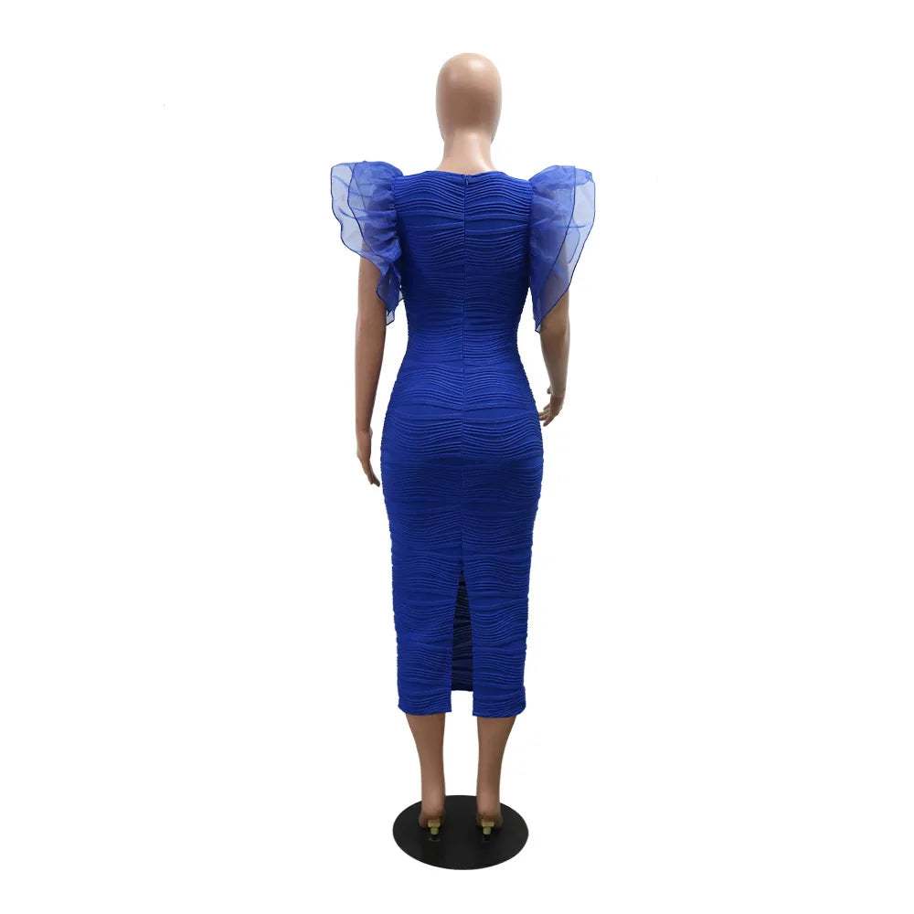 Elegant Hot Striped Bodycon Midi Dress with Sheer Ruffle Sleeves