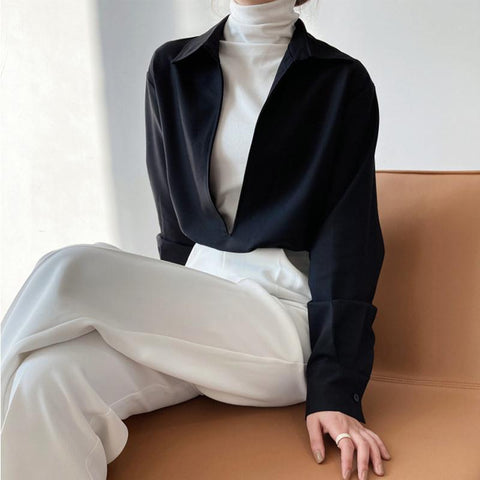 French V-Neck Tunic Blouse Women Deep Front Cut Casual Elegant Spring Summer Fashion Top