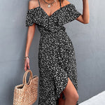 Elegant Floral Print Midi Dress for Women Summer Sexy Backless Ruffle with Slit Off Shoulder Irregular Hem Dress