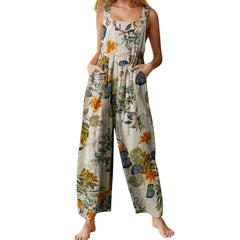 Women's Ethnic Style  Jumpsuits Summer Overalls Multicolor  Square Neck Sleeveless Casual Rompers with Pockets