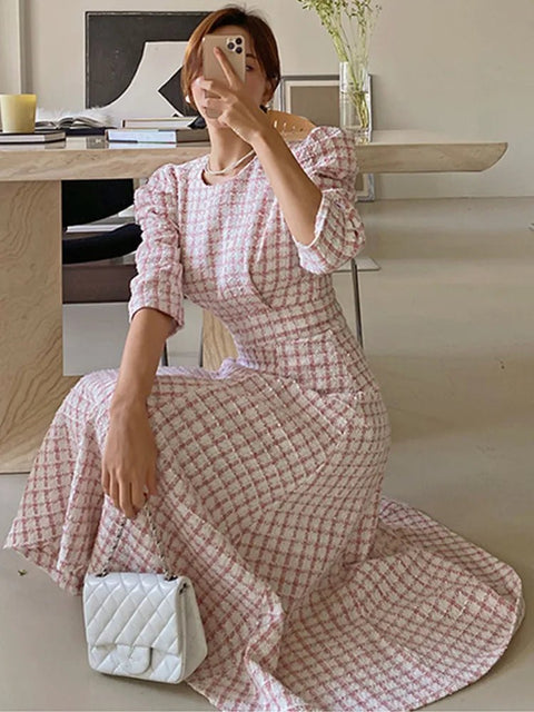 Midi Dress Women Chic French Tweed Pink Plaid Long Boutique Fashion Elegant Spring Summer Dress
