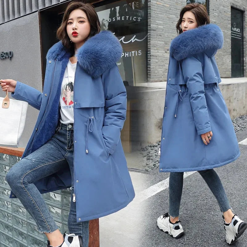 Women's hooded snow coat with faux fur trim and front zipper, Modernicities