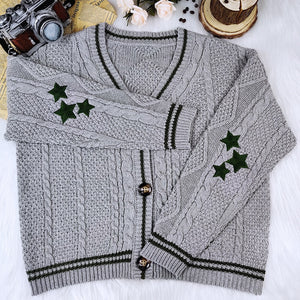 V Neck Long Sleeve Star Print Knitted Cardigan Sweater