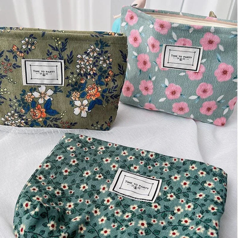 Corduroy Makeup Bag Organizer Clutch Retro Flower Print Cosmetic Bag Travel Make Up Pouch Beauty Storage Cases