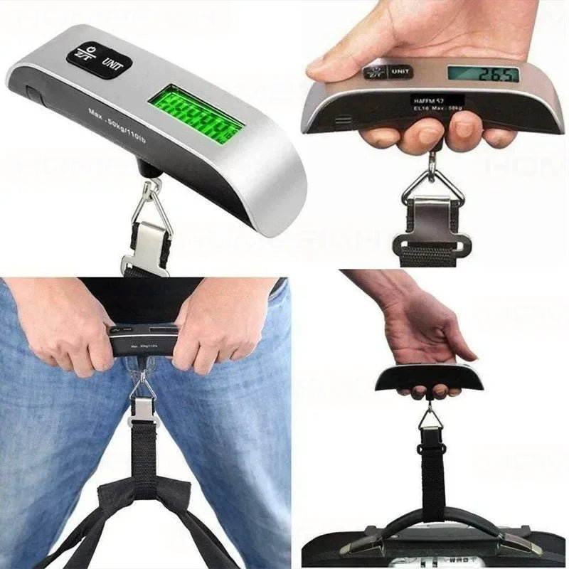 Digital luggage scale being used by a person, held by a hand, and shown with a strap attached.