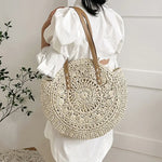 Handcrafted Round Straw Woven Beach Tote Bag Vacation Beach Hollow Out Shoulder Bag