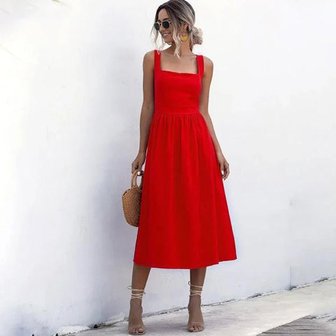 Midi Dress Women Long Backless Ruched Pleated Spaghetti Strap Casual Summer Sundress