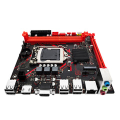 Computer motherboard with red accents on a white background