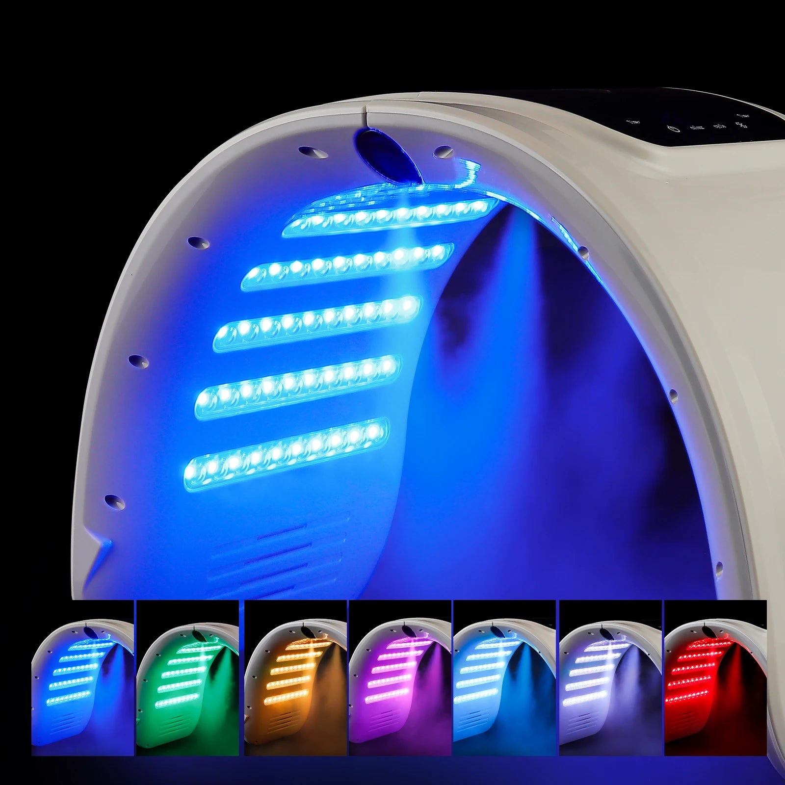 LED light therapy device with color-changing lights on a black background
