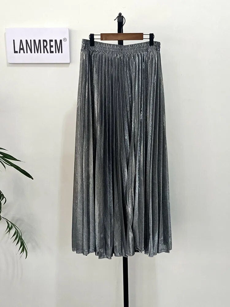 Women's High Elastic Waist Maxi Skirt Metallic Shiny A-line Flare Accordion Pleated Skirt