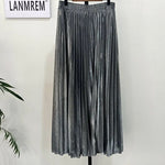 Women's High Elastic Waist Maxi Skirt Metallic Shiny A-line Flare Accordion Pleated Skirt