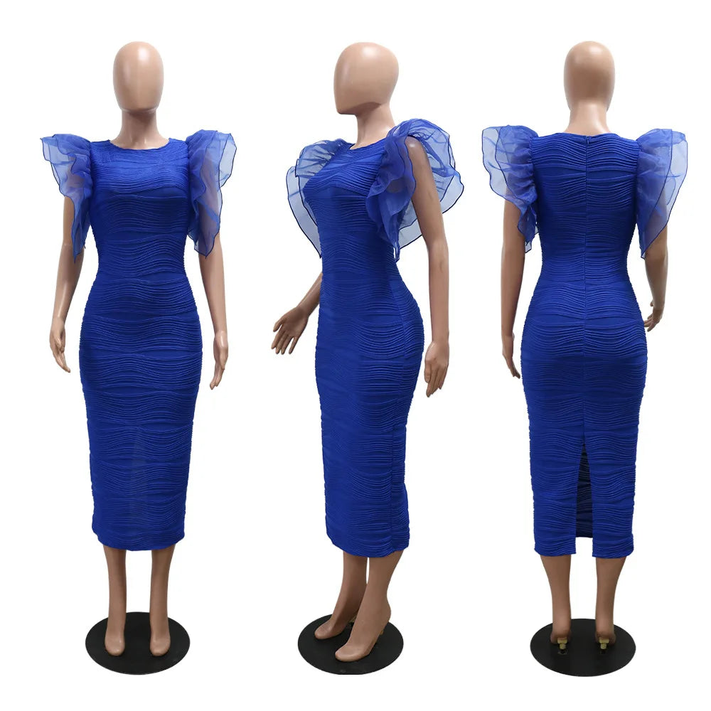 Elegant Hot Striped Bodycon Midi Dress with Sheer Ruffle Sleeves