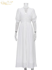 Women's White Long Dress Elegant Puff Sleeve V-Neck Dress with Buttons