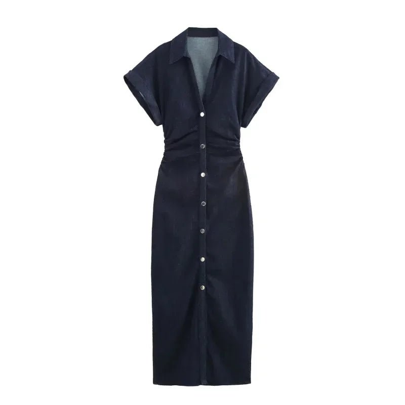 Denim Midi Dress Women Button Down Lapel Collar Slim Waist Long Sleeve Jean Dress Casual