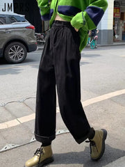 Women's Vintage Straight Wide Leg Corduroy Pants Casual High Waist Pockets Retro Trousers