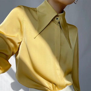 Pure Color Women Long Sleeve Turn-Down Collar Blouse Female Elegant Tops 