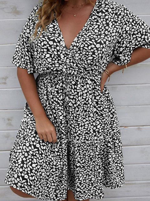 Plus Size Floral Print Casual Dress Women V-Neck Short Sleeve Summer Beach Vacation Fashion