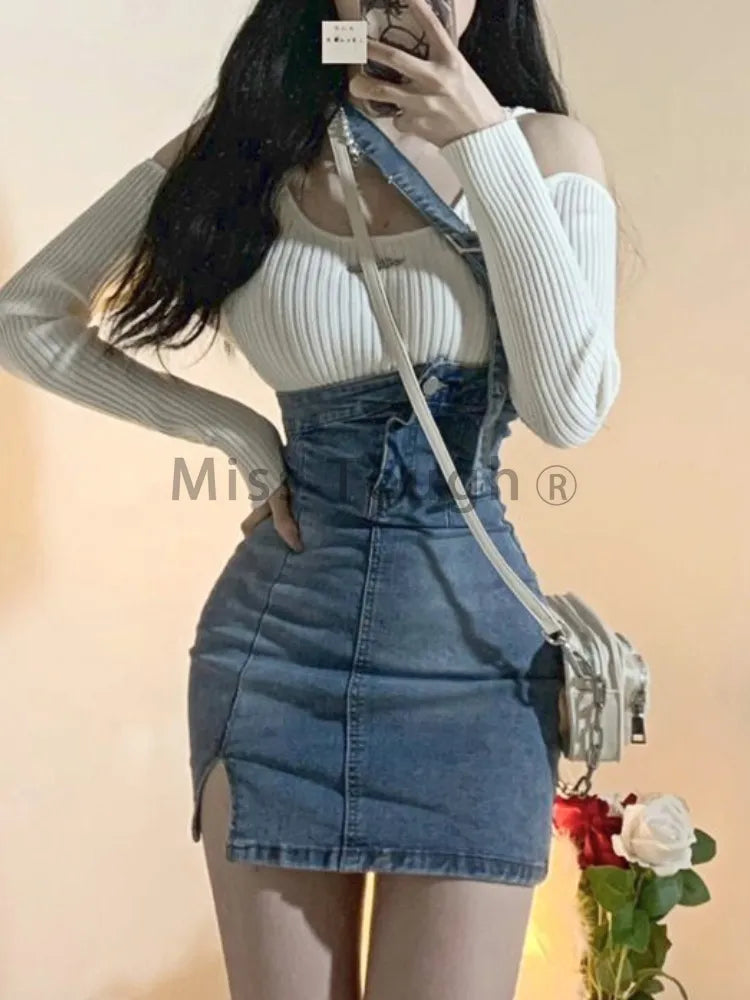 Blue Vintage Knitted Two Piece Skirt Set for Women Sexy Denim Party Mini Skirt with Knitted  Long Sleeve Top