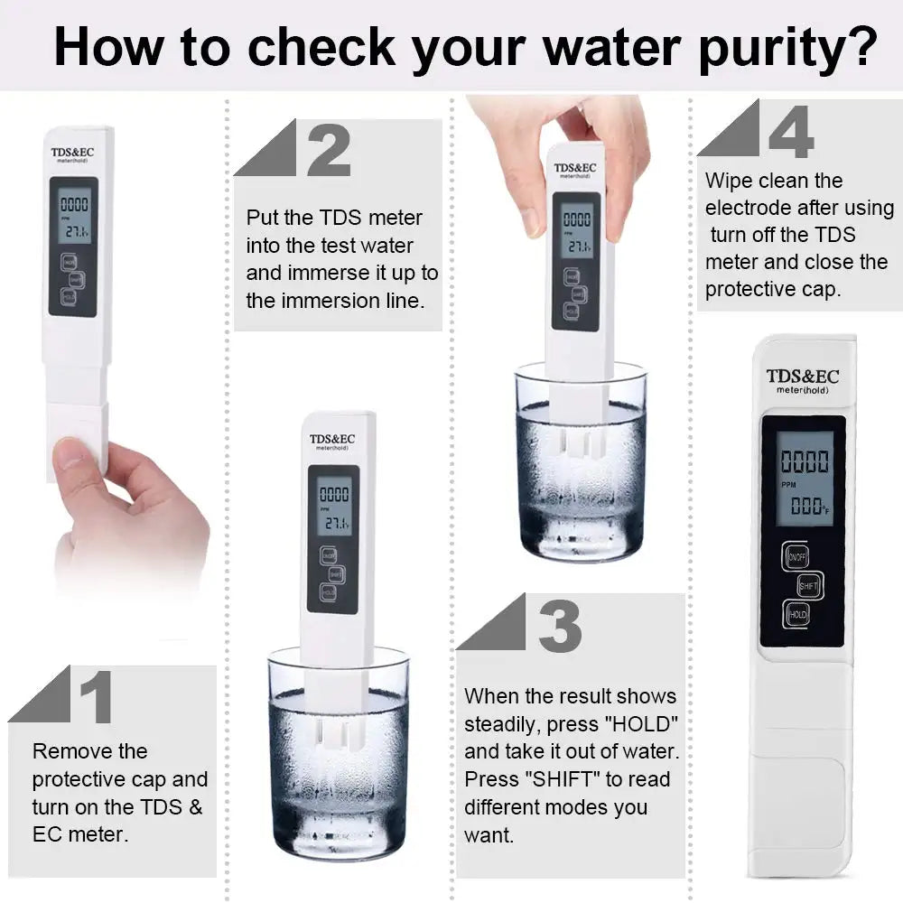 4-in-1 Digital Water Quality Tester TDS EC Meter, Range 0 to 9990 Multifunctional Water Purity Temperature TEMP PPM Tester