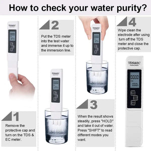 4-in-1 Digital Water Quality Tester TDS EC Meter, Range 0 to 9990 Multifunctional Water Purity Temperature TEMP PPM Tester