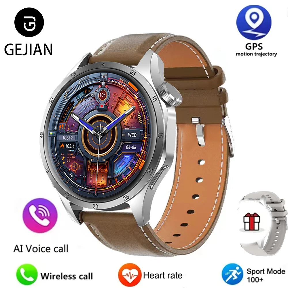 Smartwatch with brown leather strap and colorful display on a white background, featuring GEJIAN branding.