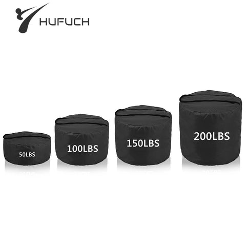 Set of black sandbags with weight labels on a white background, featuring the brand 'HUFUCH'.
