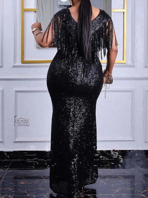 Plus Size Sequin Maxi Dress Women Slim Tassel Elegant Evening Wedding Party Prom Fashion Gown
