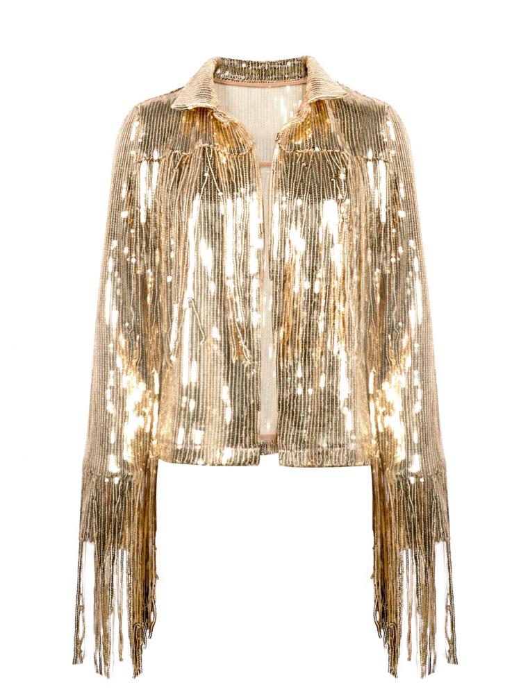 Retro Long-Sleeved Reflective Coat Sequin Glitter Tassels Women's Outerwear