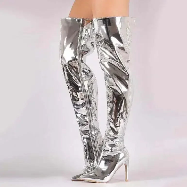 over knee pu leather womens boots silver