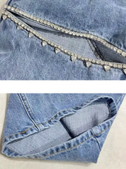 Embroidered  Flare Jeans For Women High Waist Patchwork Button Hollow Out Distressed Wide Leg Denim Jeans