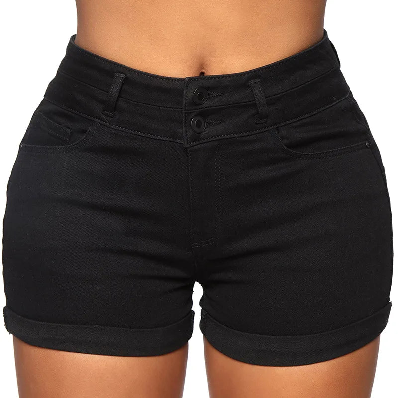 Stretchy Cotton High Waist Jean Shorts Women's Spring Summer Casual Shorts With Pockets Zipper White Black Cuffed Denim Shorts