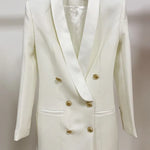 Women's Boutique Fashion Blazer Jacket  Gold Lion Buttons Double Breasted Satin Shawl Collar Long Blazer